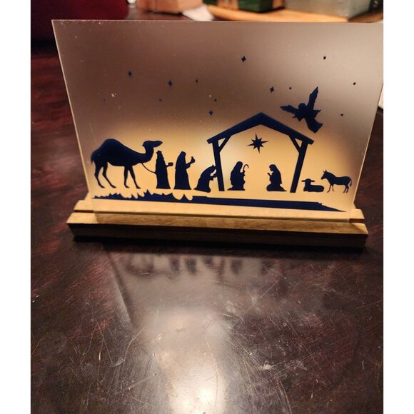 Nativity Silhouette Glass Candle Holder With Wooden Base - Picture 2 of 7